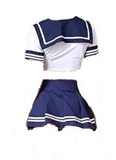 School Girls Short Sleeve Uniform Sailor Navy Blue Pleated Skirt Anime Cosplay Costumes With Thong.