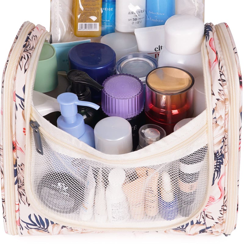 Narwey Hanging Toiletry Bag for Women Travel Makeup Bag Organizer Toiletries Bag for Cosmetics Essentials Accessories (Large, Beige Bird) - Image 3