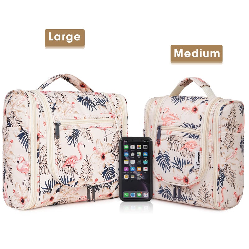 Narwey Hanging Toiletry Bag for Women Travel Makeup Bag Organizer Toiletries Bag for Cosmetics Essentials Accessories (Large, Beige Bird) - Image 2