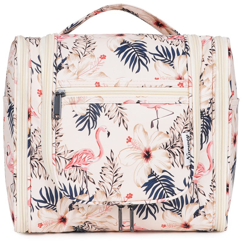 Narwey Hanging Toiletry Bag for Women Travel Makeup Bag Organizer Toiletries Bag for Cosmetics Essentials Accessories (Large, Beige Bird) - Image 1