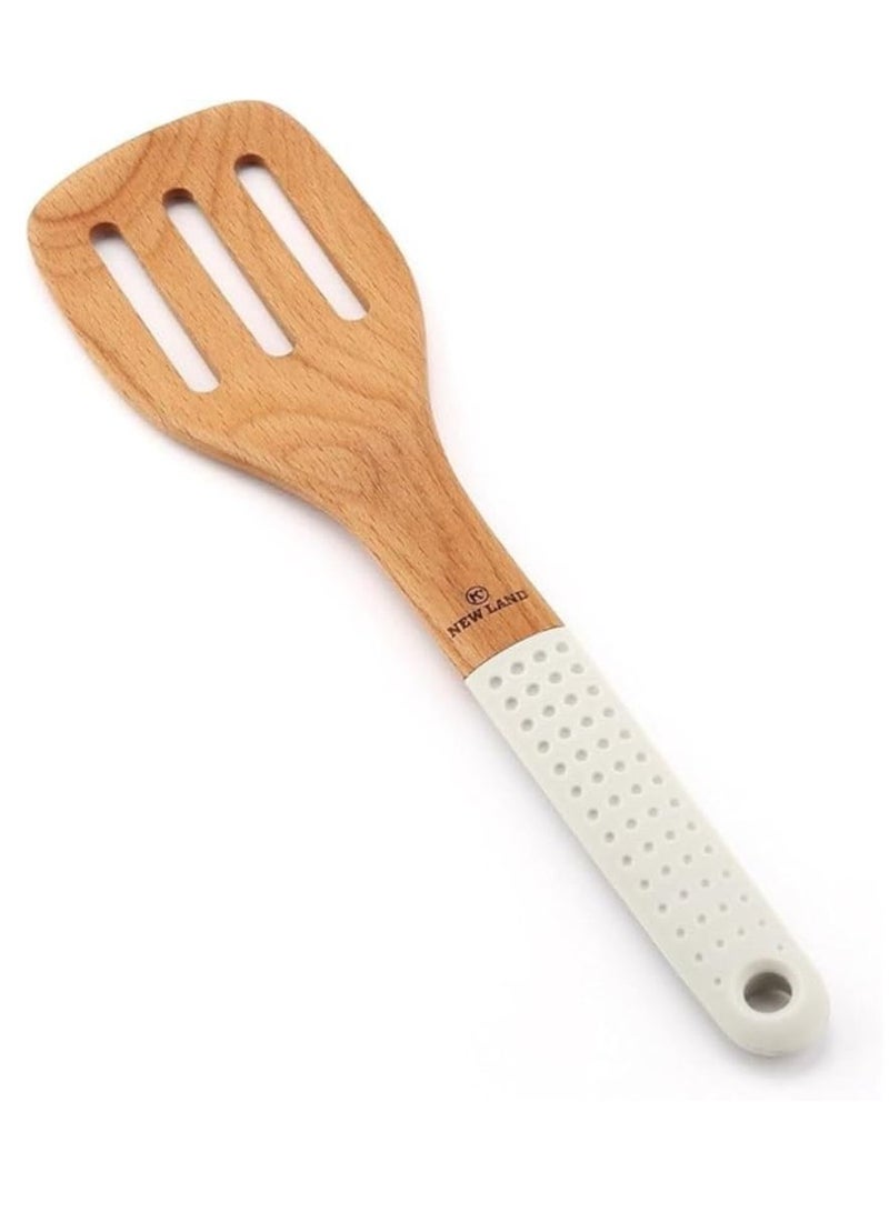 Wooden kitchen spoon turner with silicone handle for durable cooking high moisture and heat resistant non stick slotted turner spoon for mixing and serving egg white - Image 1