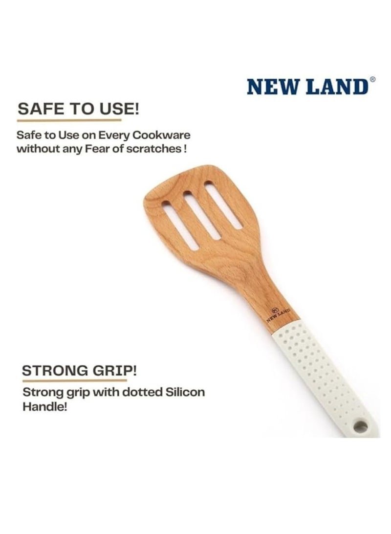 Wooden kitchen spoon turner with silicone handle for durable cooking high moisture and heat resistant non stick slotted turner spoon for mixing and serving egg white - Image 2