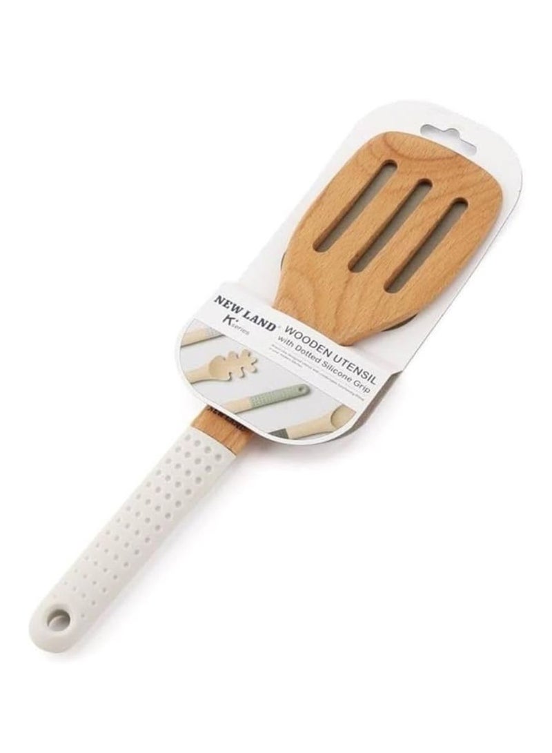 Wooden kitchen spoon turner with silicone handle for durable cooking high moisture and heat resistant non stick slotted turner spoon for mixing and serving egg white - Image 3