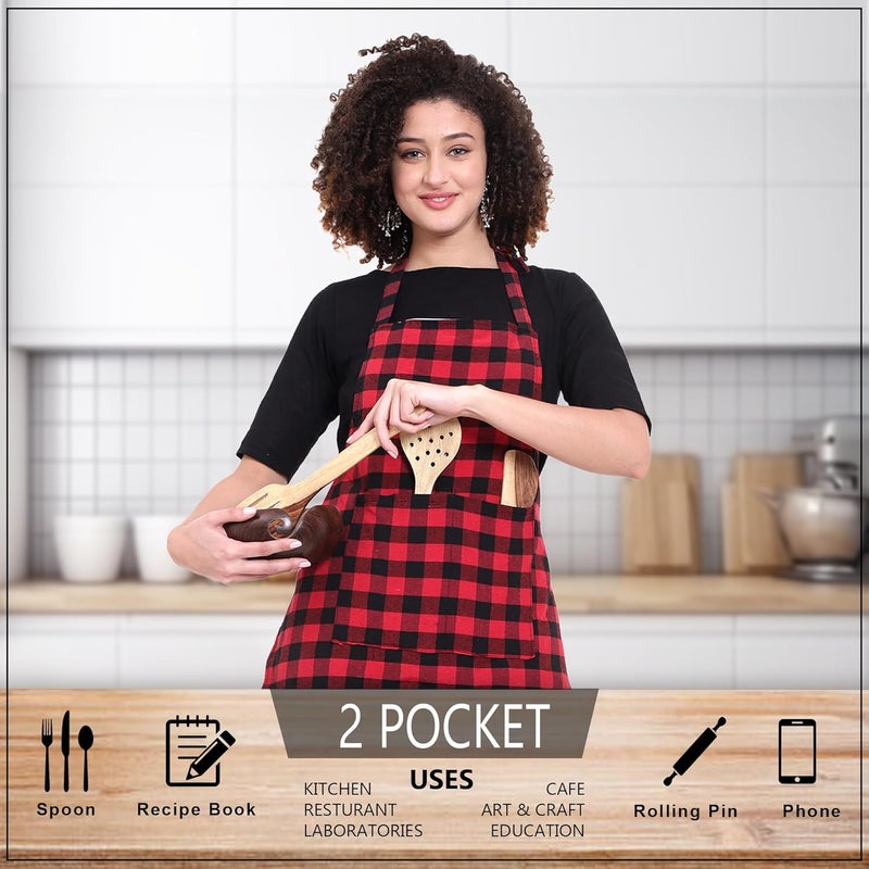 GLUN Red Black Apron Checkered Design Unisex Kitchen Aprons Pack of 2 Waterproof Back with 2 Centre Pocket Adjustable Neck Strap - Image 2