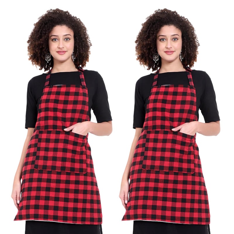 GLUN Red Black Apron Checkered Design Unisex Kitchen Aprons Pack of 2 Waterproof Back with 2 Centre Pocket Adjustable Neck Strap - Image 1
