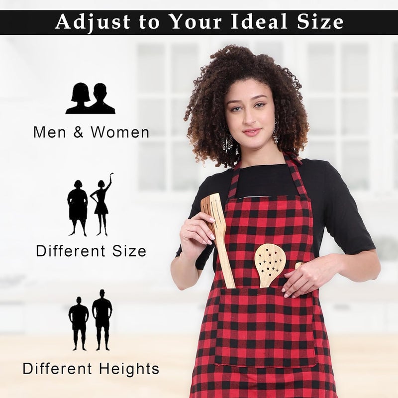 GLUN Red Black Apron Checkered Design Unisex Kitchen Aprons Pack of 2 Waterproof Back with 2 Centre Pocket Adjustable Neck Strap - Image 3
