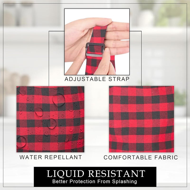 GLUN Red Black Apron Checkered Design Unisex Kitchen Aprons Pack of 2 Waterproof Back with 2 Centre Pocket Adjustable Neck Strap - Image 4