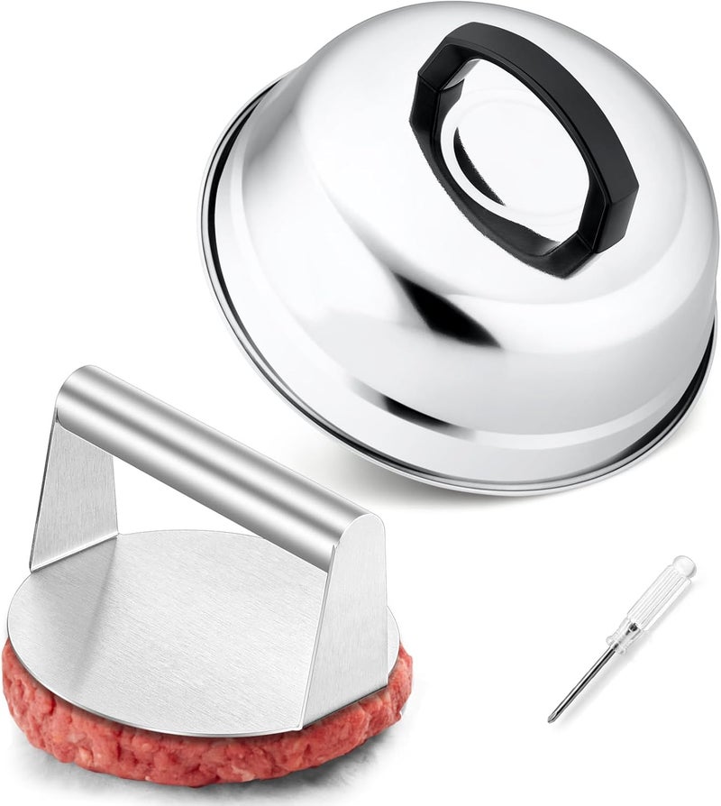 HaSteeL 9In Melting Dome & 7In Burger Press, Round Basting Steam Cover with Stainless Steel Bacon Press, Metal Griddle Accessories for Flat Top Teppanyaki Hibachi Grilling Cooking BBQ, Easy to Clean - Image 1