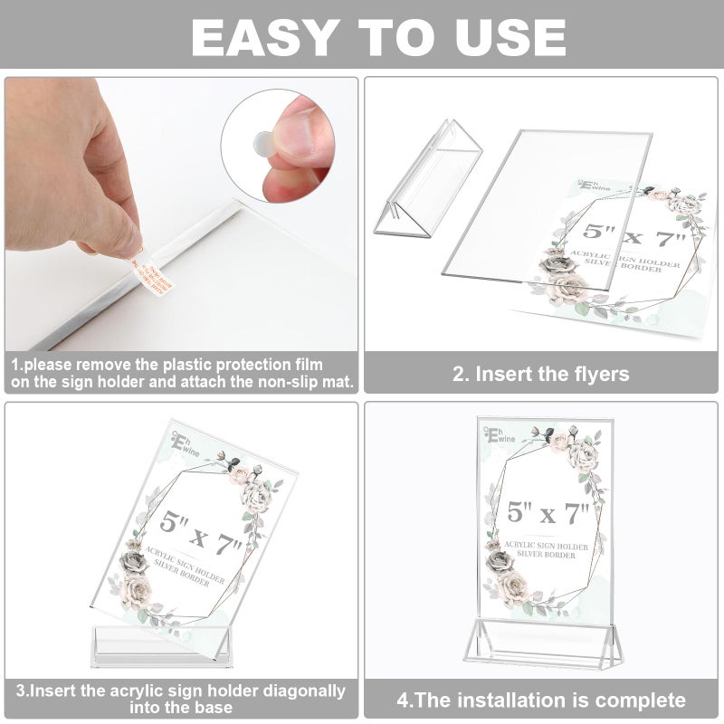 EHWINE 12 Pack Acrylic Sign Holder 5 x 7, Double Sided Silver Picture Frame Stand up Table Top Sign Holders, Clear Display Stand Menu Flyer Holder for Wedding Party (Provide Non-slip Mats) - Image 5