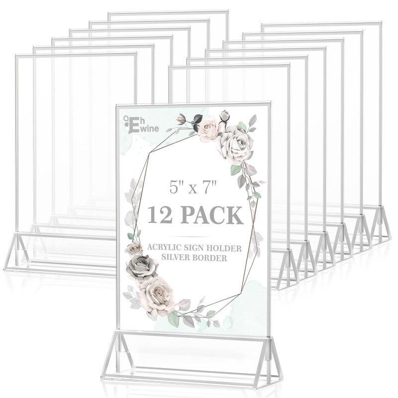 EHWINE 12 Pack Acrylic Sign Holder 5 x 7, Double Sided Silver Picture Frame Stand up Table Top Sign Holders, Clear Display Stand Menu Flyer Holder for Wedding Party (Provide Non-slip Mats) - Image 1