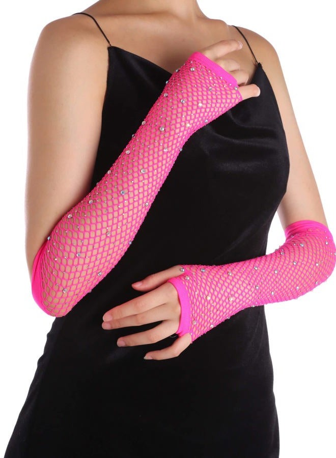OTPEH Rhinestone Fingerless Fishnet Gloves Goth For Women Kids Girls Emo Steampunk Punk Fish Net Arm Sleeve 80s, Pink, One size - Image 3