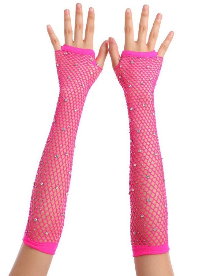 OTPEH Rhinestone Fingerless Fishnet Gloves Goth For Women Kids Girls Emo Steampunk Punk Fish Net Arm Sleeve 80s, Pink, One size - Image 2