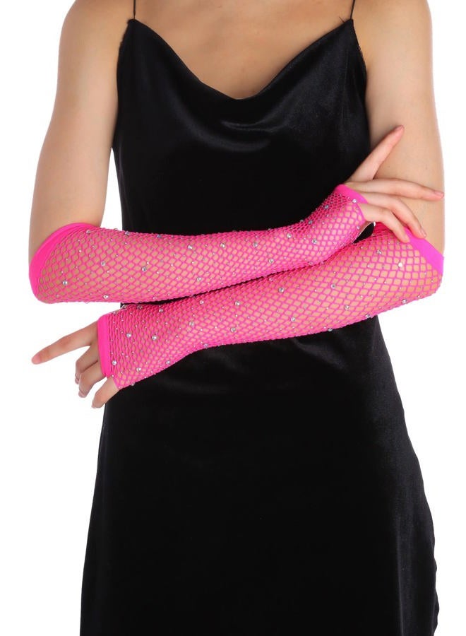 OTPEH Rhinestone Fingerless Fishnet Gloves Goth For Women Kids Girls Emo Steampunk Punk Fish Net Arm Sleeve 80s, Pink, One size - Image 4