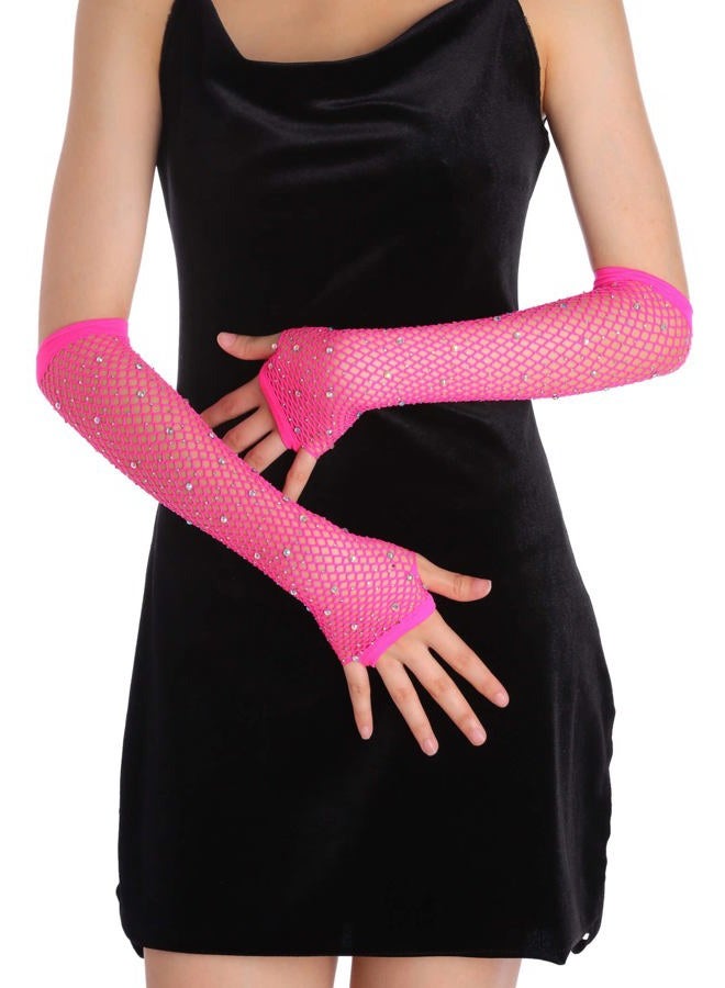 OTPEH Rhinestone Fingerless Fishnet Gloves Goth For Women Kids Girls Emo Steampunk Punk Fish Net Arm Sleeve 80s, Pink, One size - Image 5