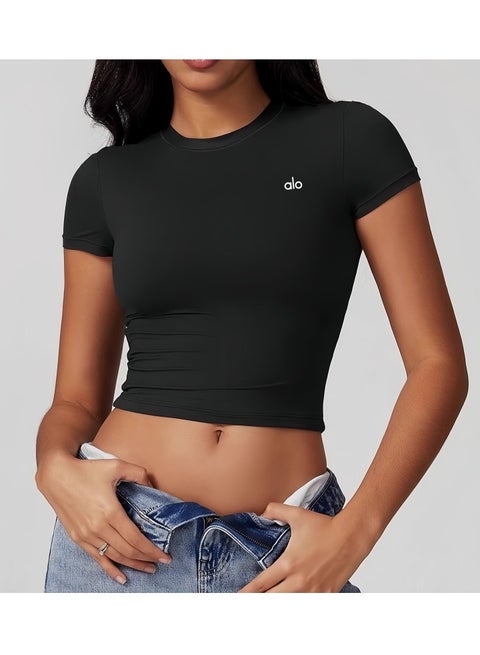 ألو تي شيرت قصير الأكمام للسيدات - أكمام قصيرة لتدريب البيلاتس - ملابس يوغا نسائية - تي شيرتات سريعة الجفاف (أسود)