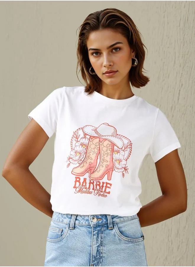 اس بي كاركترز Barbie Print Cropped T-shirt with Crew Neck