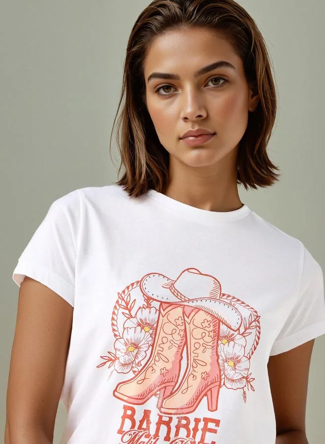 SP Characters Barbie Print Cropped Crew Neck T-shirt