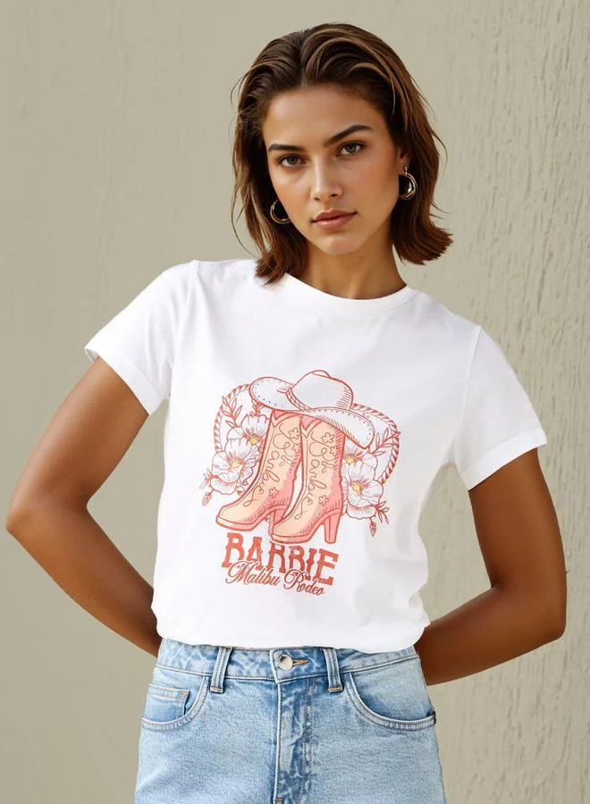 SP Characters  Barbie Print Cropped Crew Neck T-shirt for Women | Best Price UAE