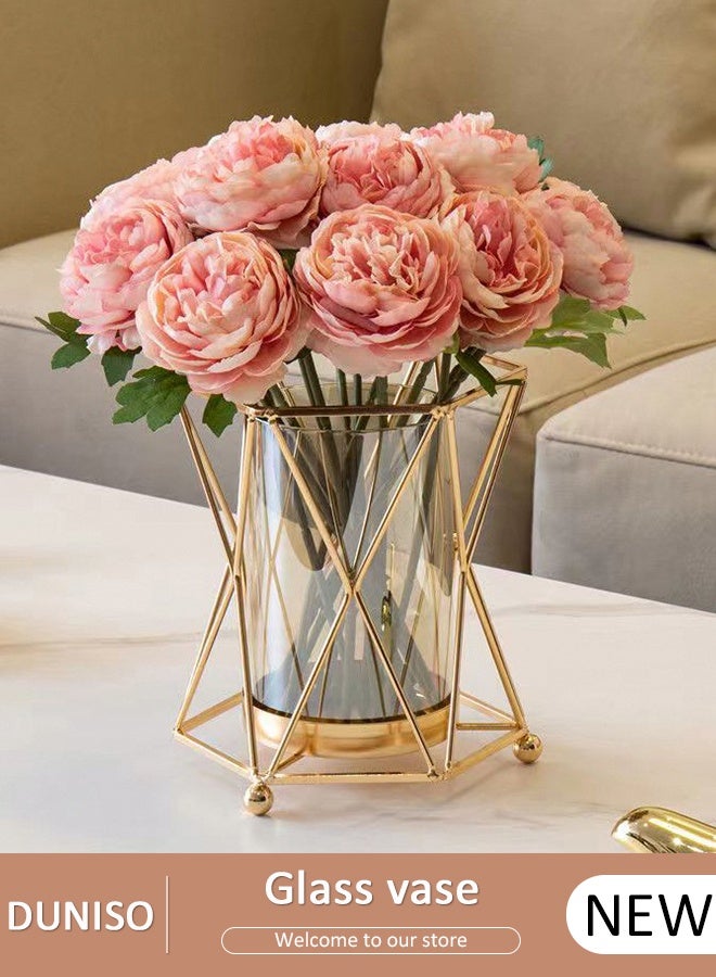 DUNISO مزهرية زجاجية شفافة إبداعية زخرفية صغيرة لنباتات الزهور الهيدروبونية مزهرية غير منتظمة مع إطار معدني ذهبي للزهور الوردية للمنزل والمكتب - Image 1
