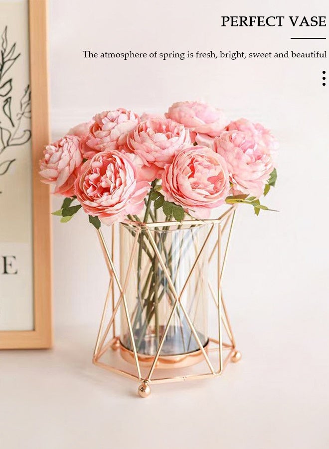 DUNISO مزهرية زجاجية شفافة إبداعية زخرفية صغيرة لنباتات الزهور الهيدروبونية مزهرية غير منتظمة مع إطار معدني ذهبي للزهور الوردية للمنزل والمكتب - Image 3