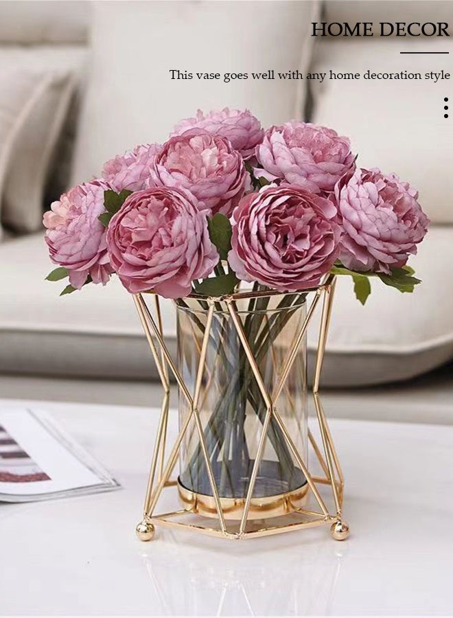 DUNISO مزهرية زجاجية شفافة إبداعية زخرفية صغيرة لنباتات الزهور الهيدروبونية مزهرية غير منتظمة مع إطار معدني ذهبي للزهور الوردية للمنزل والمكتب - Image 4