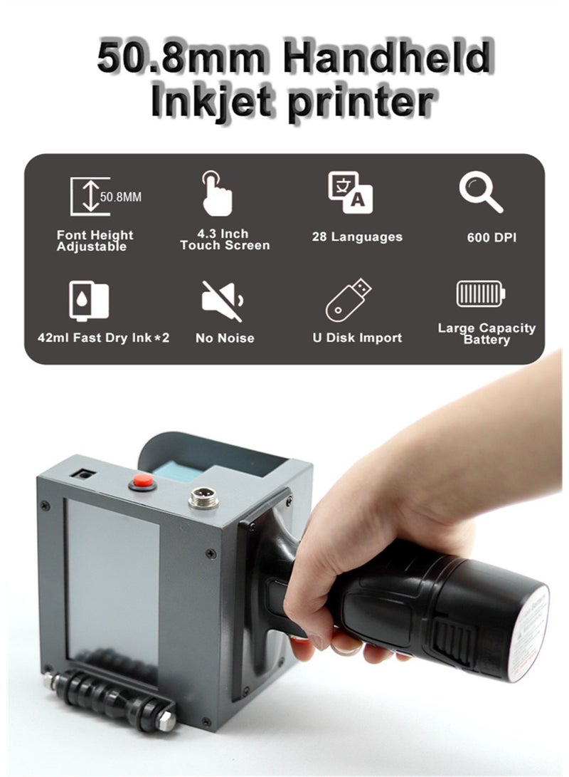 Handheld Inkjet Printer  with a Printing Height of 2 Inches/50.8 Millimeters, Equipped with a 4.3-Inch High-Definition Large Screen, Two 42ml Quick-Drying Ink Cartridges, and Expandable USB Flash Drive Function, Suitable for Printing on Various Materials - Image 2