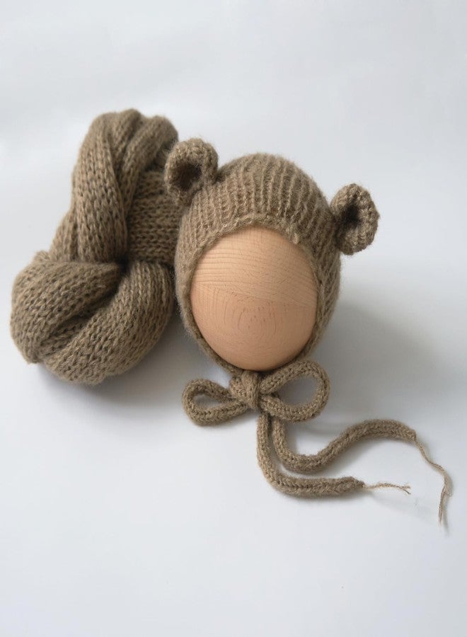 Vemonllas Newborn Photography Props Bear Bonnet & Wrap Baby Boys Girls Photoshoot Outfits Infant Handmade Knitted Costume Set (Brown) - Image 3