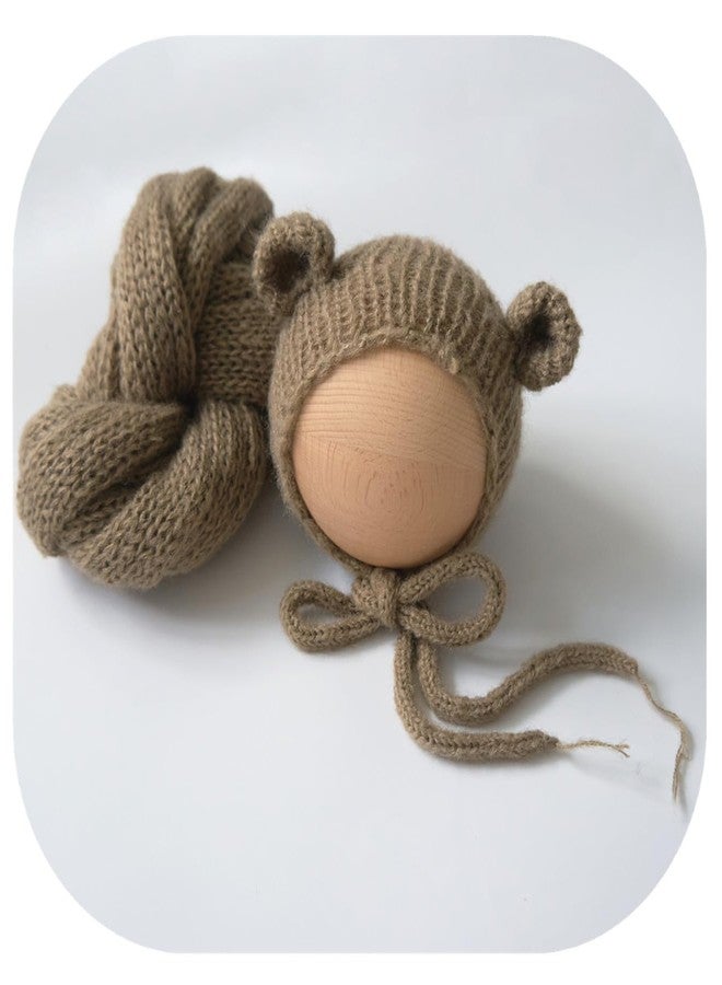 Vemonllas Newborn Photography Props Bear Bonnet & Wrap Baby Boys Girls Photoshoot Outfits Infant Handmade Knitted Costume Set (Brown) - Image 1