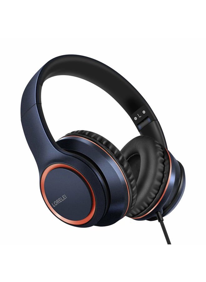 LORELEI X8 Over-Ear Wired Headphones with Microphone with 1.45m-Tangle-Free Nylon Line&3.5mm Plug,Lightweight Foldable & Portable Headphones for Smartphone,Tablet,Computer,Mp3/4(Dark Blue) - Image 1