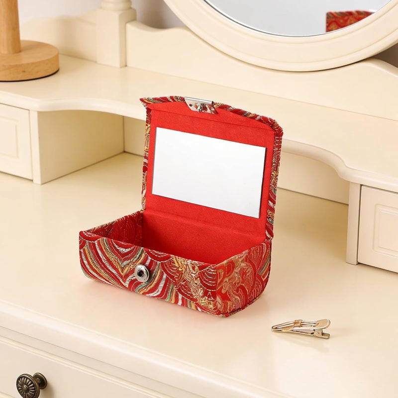 Asian Lipstick Case: Lip Gloss/Balm Holder Organizer - Travel Size Chinese Style Coin Purse/Trinket Keepsake Case with Built-in Mirror for Cosmetic, Red - Image 5