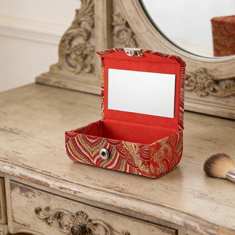 Asian Lipstick Case: Lip Gloss/Balm Holder Organizer - Travel Size Chinese Style Coin Purse/Trinket Keepsake Case with Built-in Mirror for Cosmetic, Red - Image 3