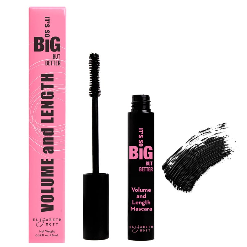 Elizabeth Mott Black Volumizing Mascara â€“ Smudge-Proof, Lengthening Fiber Formula, Hourglass Wand â€“ Clump-Free, Water-Resistant & Cruelty-Free â€“ Safe for Lash Extensions, Long-Lasting, Full-Size 8ml - Image 1