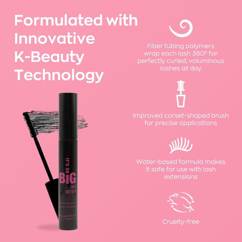 Elizabeth Mott Black Volumizing Mascara â€“ Smudge-Proof, Lengthening Fiber Formula, Hourglass Wand â€“ Clump-Free, Water-Resistant & Cruelty-Free â€“ Safe for Lash Extensions, Long-Lasting, Full-Size 8ml - Image 2