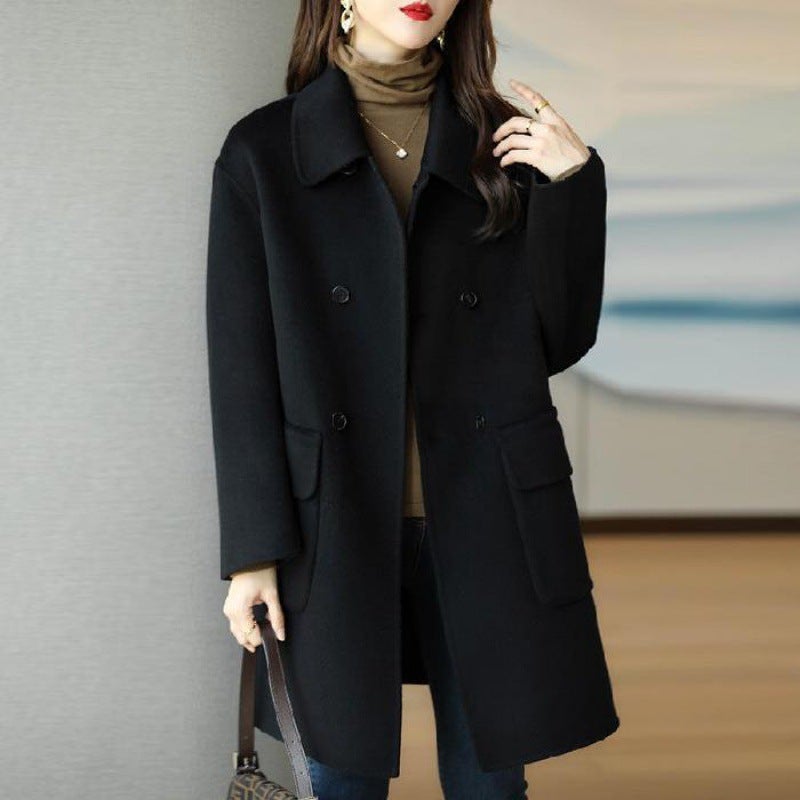 Womens Thickened Woolen Coat Autumn Winter Coffee Color Slimming Mid-Length Korean Style Fashionable Casual Outerwear Black  - Image 1