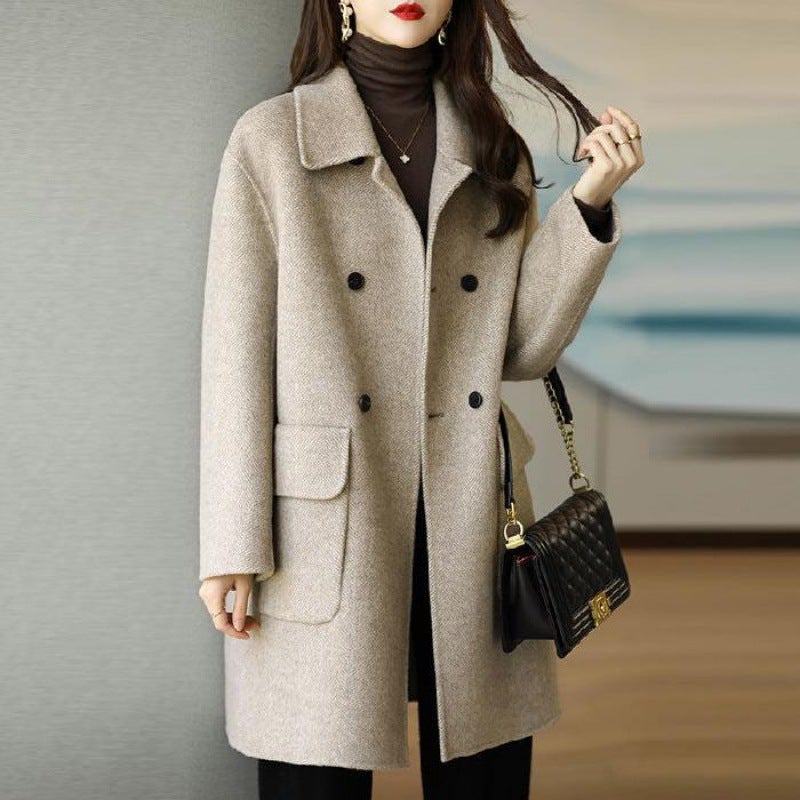 Womens Thickened Woolen Coat Autumn Winter Coffee Color Slimming Mid-Length Korean Style Fashionable Casual Outerwear Black  - Image 2
