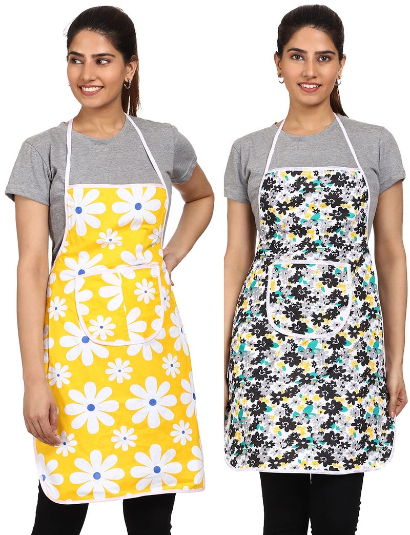 JMi Cotton Floral Print Fabric Waterproof Apron with Long Ties and Multipurpose Front Large Pocket For Cooking Dusting Home Kitchen Restaurant for Men & Women Unisex Apron. Pack of 2 (Multicolor) - Image 1