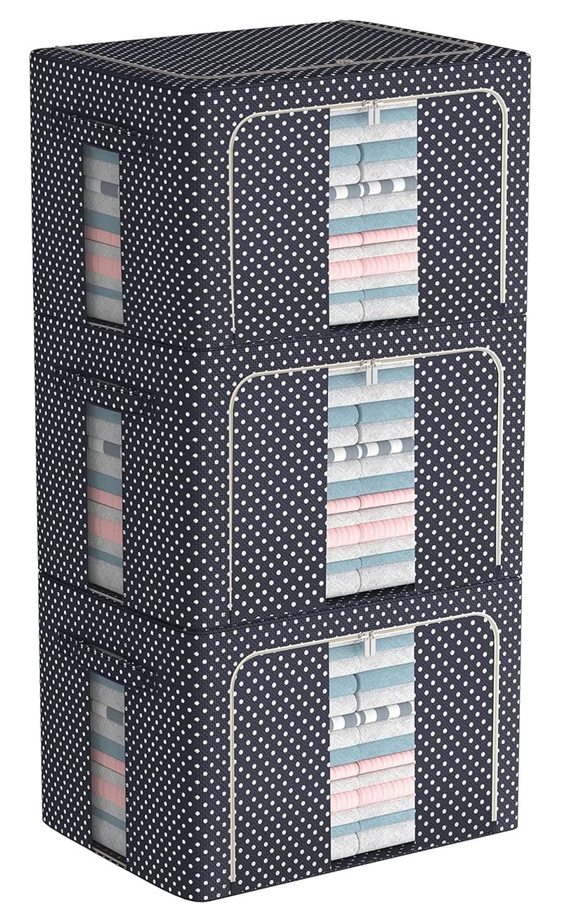 DYWMM 3 Pack Clothes Storage Organizer Bins Containers Stackable Metal Frame Storage Bins Foldable Oxford Cloth Box for Clothing Storage with Clear Window Reinforced Handles Rectangular - Image 1