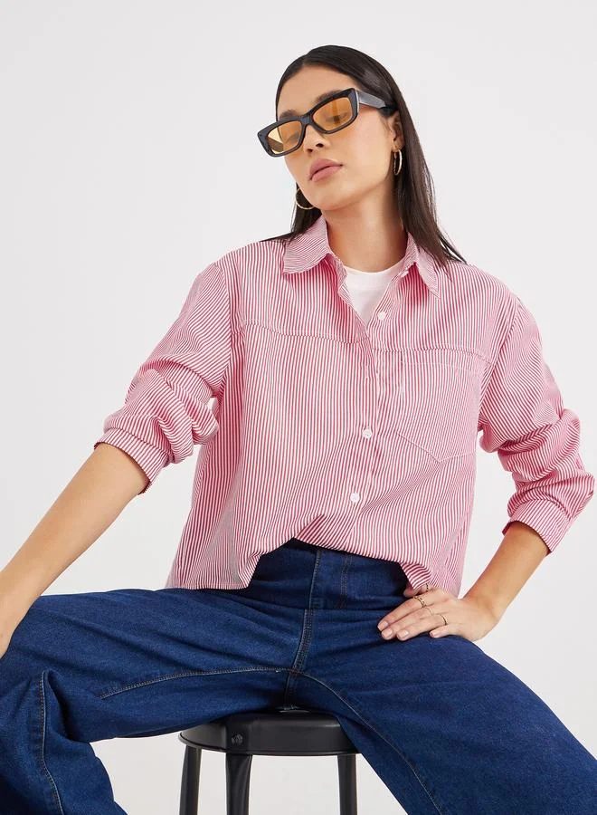 Styli Styli Women Red Striped High-Low Hem Shirt