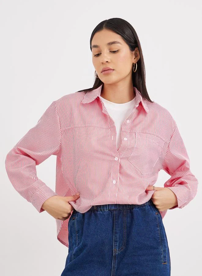 Styli Styli Women Red Striped High-Low Hem Shirt