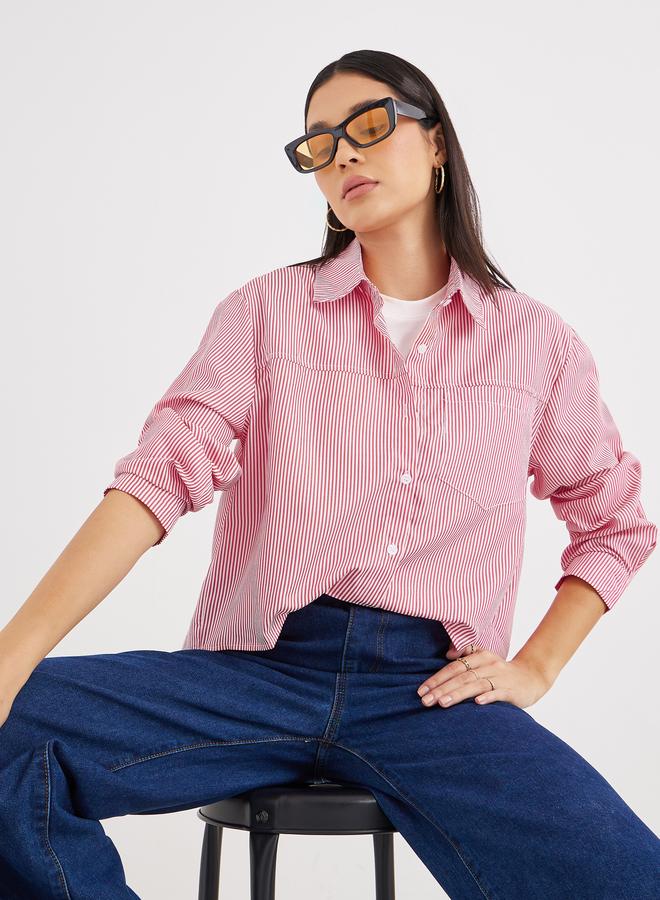 Styli Women Red Striped High-Low Hem Shirt - Image 2