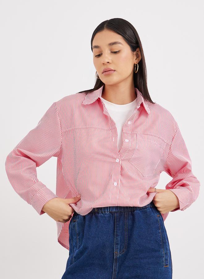 Styli Women Red Striped High-Low Hem Shirt - Image 1