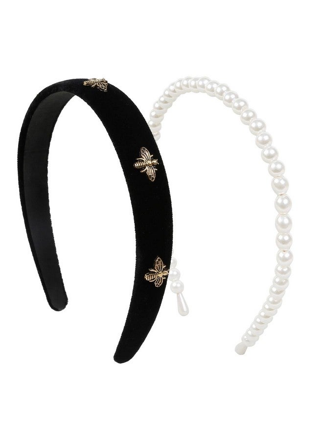 TERSE Black Velvet Headband For Women White Pearl Head Band Cute Designer Headband Fashion Hair Accessories Vintage Women Holiday Headbands Elastic Hair Bands For Women'S Hair - Image 2