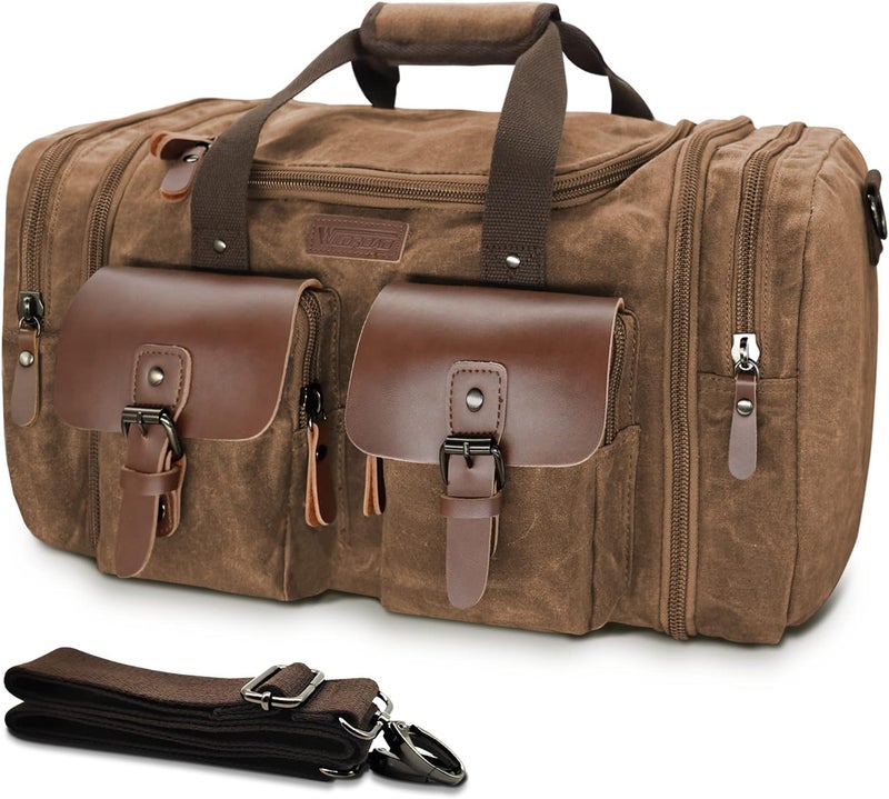 Wildroad Waxed Canvas Duffle Bag - 60L Waterproof Genuine Leather Weekender Overnight Travel Hand Bag - Image 1