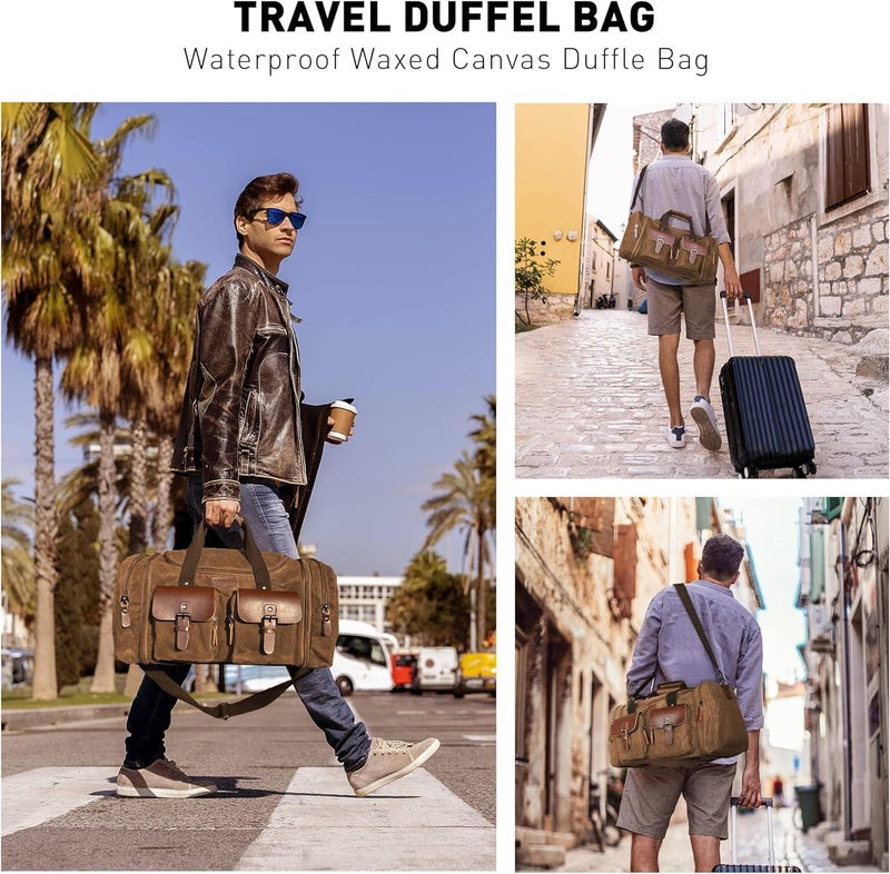 Wildroad Waxed Canvas Duffle Bag - 60L Waterproof Genuine Leather Weekender Overnight Travel Hand Bag - Image 3