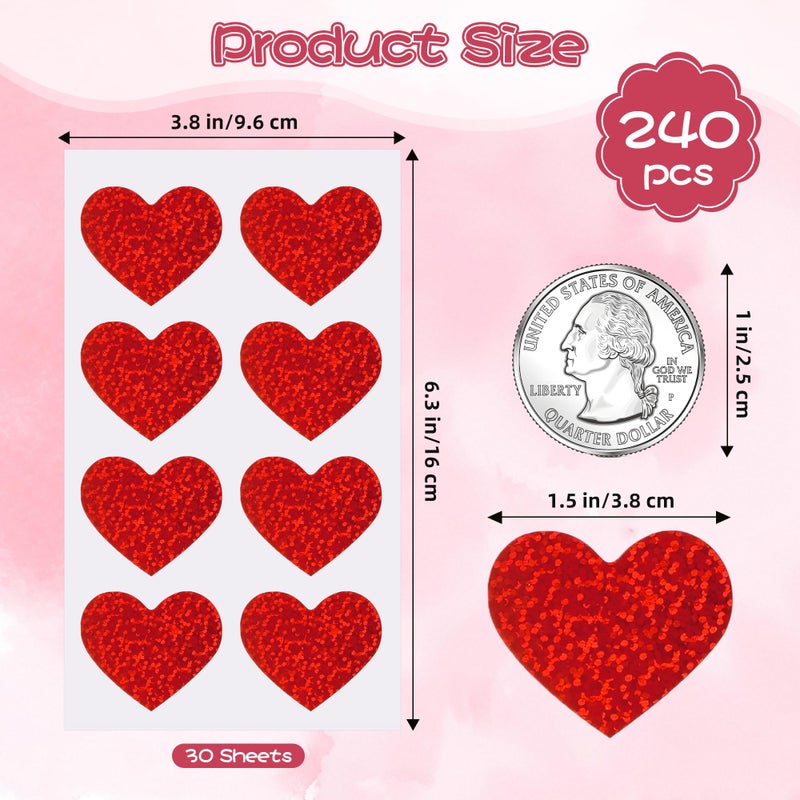 PureGuard Heart Stickers, PureGuard 240 PCS Valentine Red Heart Shaped Stickers 1.5 Inch Glitter Large Red Heart Stickers Bulk Self Adhesive Love Stickers for Envelopes Scrapbook Crafts Card - Image 3