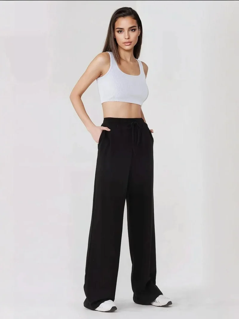 HICCUP Black Wide Leg Elastic Waist Sweatpants for Women | Best Price UAE