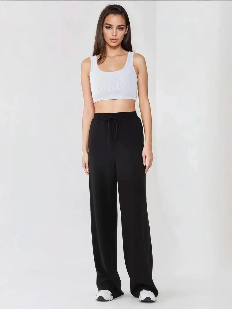 HICCUP Black Wide Leg Elastic Waist Sweatpants for Women | Best Price UAE