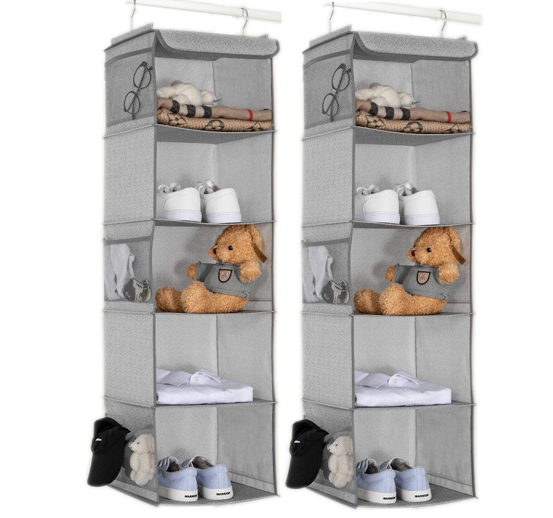 BrilliantJo 5 Shelves Hanging Closet Organizer 2 Pack Hanging Storage with 6 Side Pockets for Clothes Bags 43x12x12Light Gray