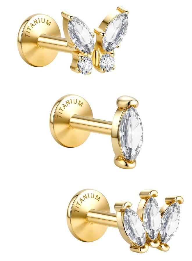 GEMQUEEN G23 Implant Grade Titanium Flat Back Earrings 5A CZ Studs: 14K Gold Hypoallergenic 3 Pcs 18G Internally Threaded Tragus Cartilage Conch Helix Piercing Jewelry for Sensitive Ears Women Men - Image 1