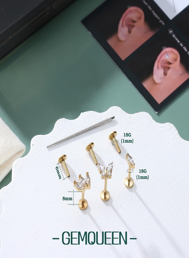 GEMQUEEN G23 Implant Grade Titanium Flat Back Earrings 5A CZ Studs: 14K Gold Hypoallergenic 3 Pcs 18G Internally Threaded Tragus Cartilage Conch Helix Piercing Jewelry for Sensitive Ears Women Men - Image 2